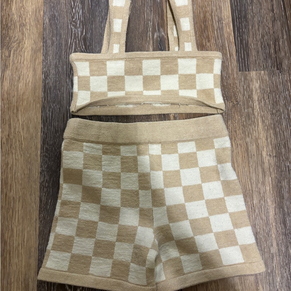 Belle the label Checkered Knit Crop Top and Shorts Set